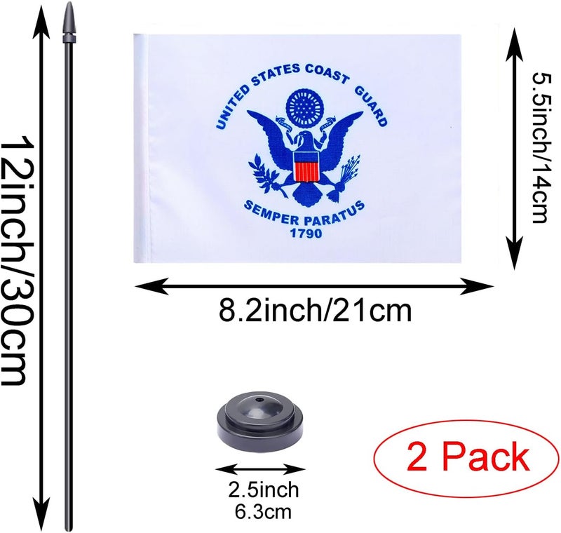 WXTWK 2 Pack USA Coast Guard Flag Coast Guard Deluxe Desk Flag Set - Mini Small US Military Table Office Flags with Black 12" Solid Pole Stand Base July 4th Veteran Party Memorial Day Decorations - Image 2